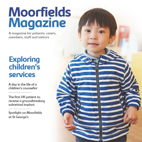 Image is the front cover of Moorfields Magazine Summer 2022, featuring a young patient smiling