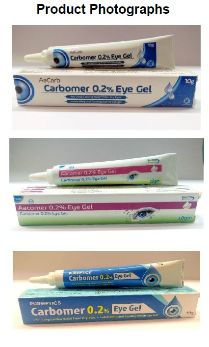 Text saying product photographs over tubes and packaging of AACarb, Aacomer and Puroptics carbomer 0.2% eye gels.